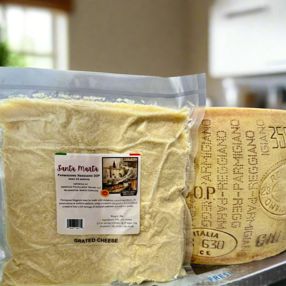 Bag of Grated Parmigiano Reggiano next to a Parmesan Wheel