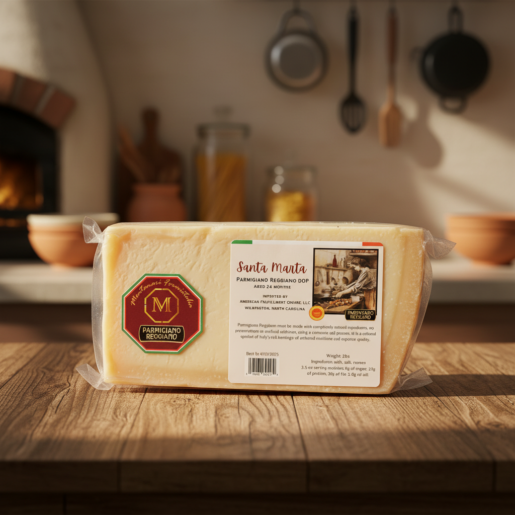 Packaged Parmigiano Reggiano cheese on a wooden table with a kitchen background