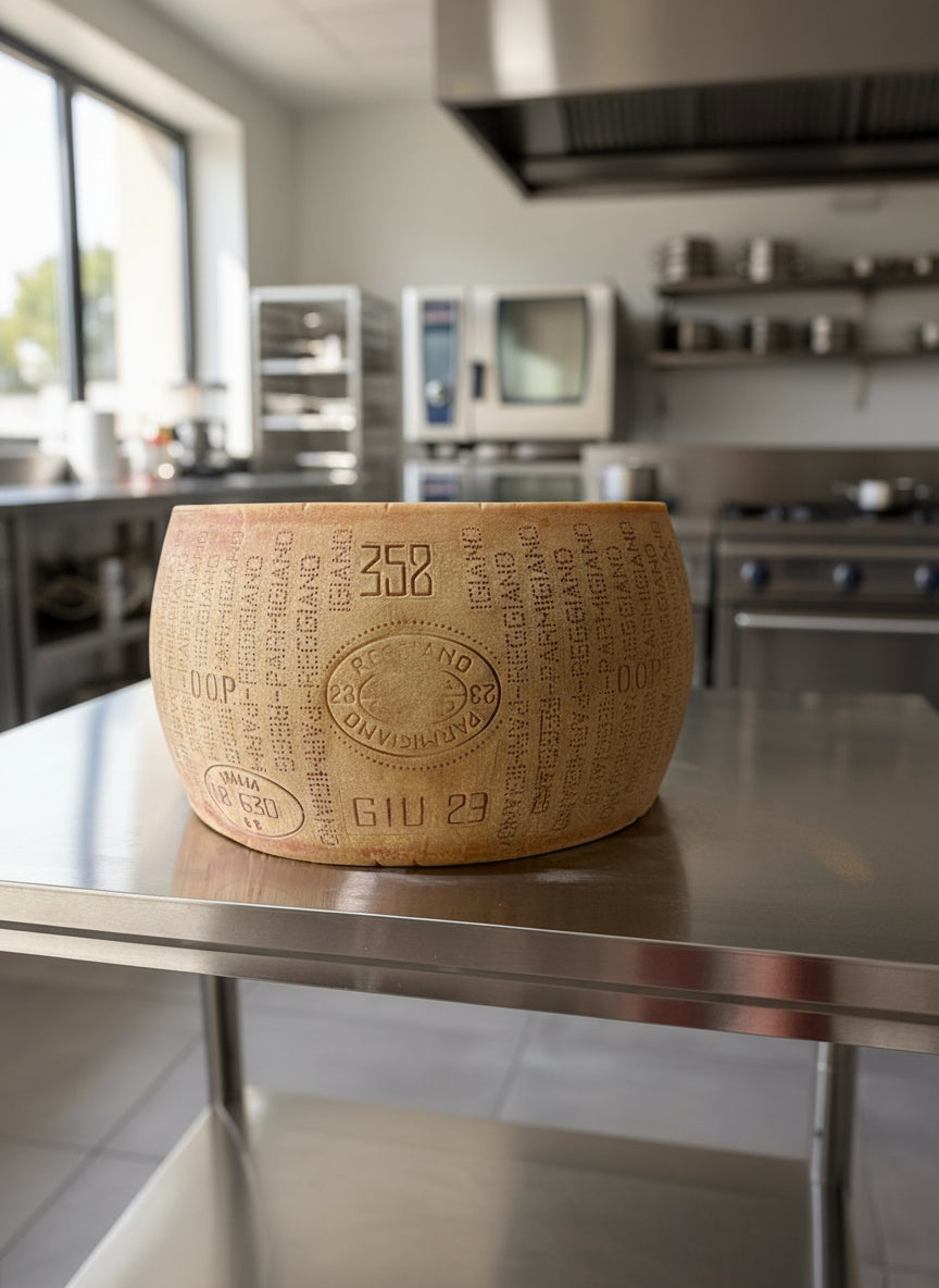 A wheel of authentic parmesan cheese imported from Italy.