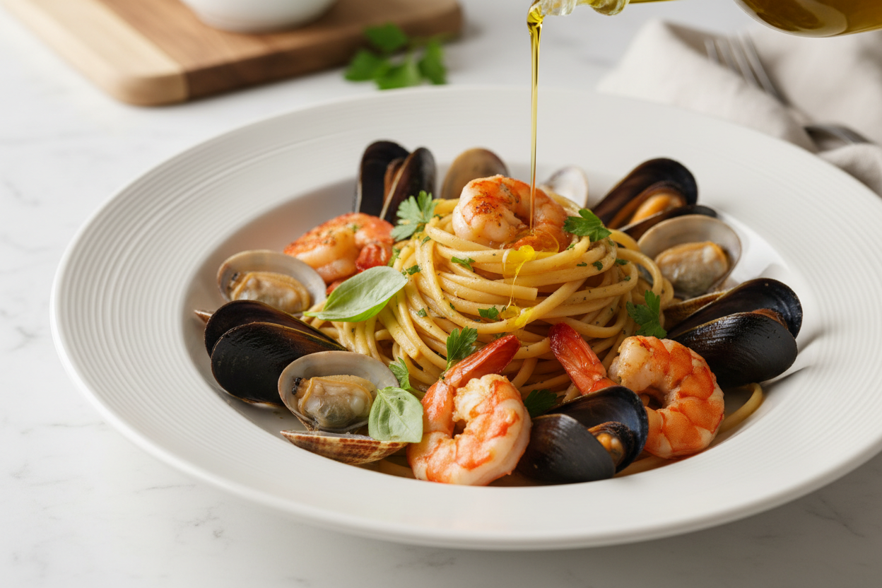 Pasta with seafood and herbs and olive oil