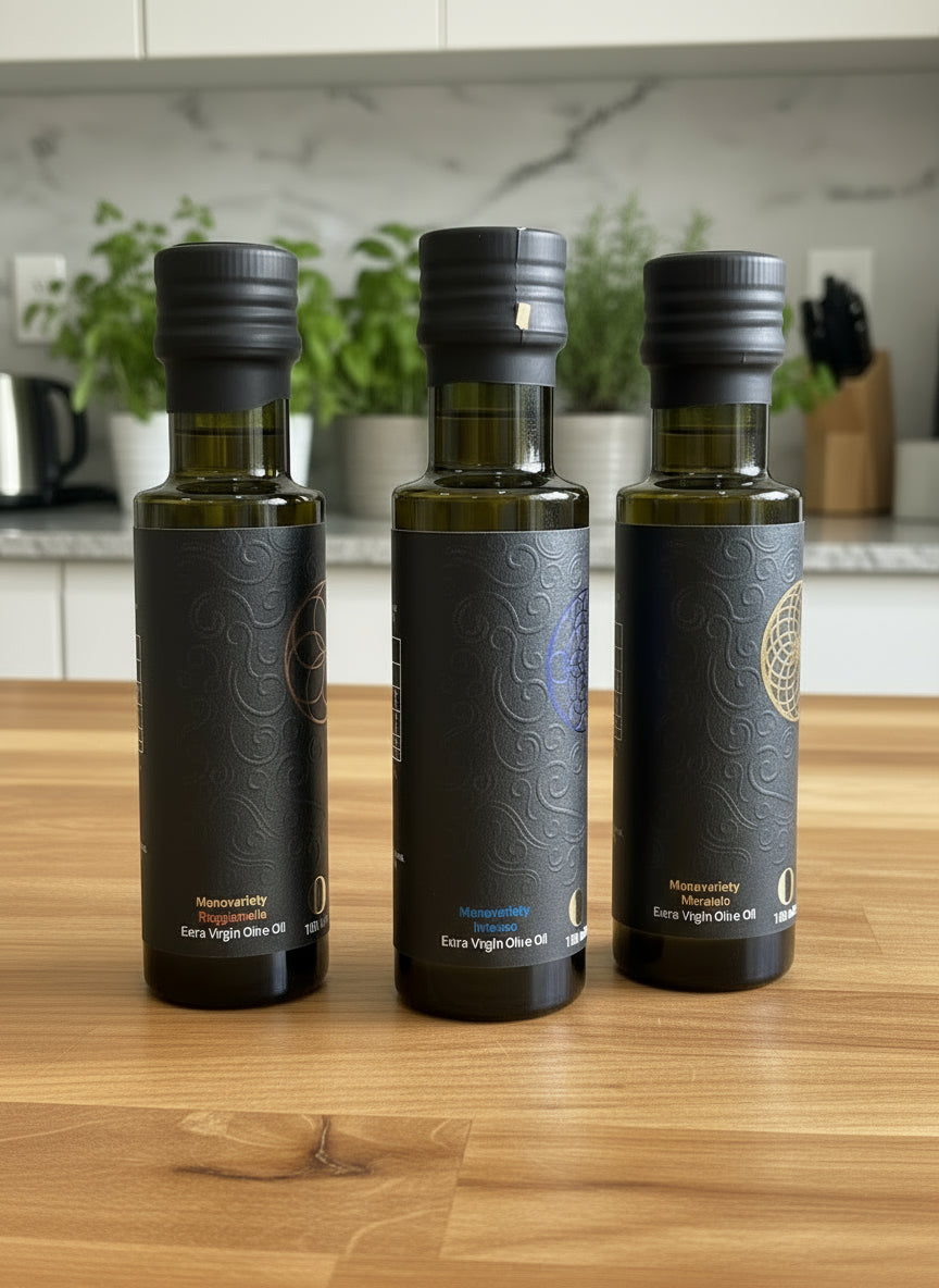 Three bottles of olive oil with black labels on a light surface.